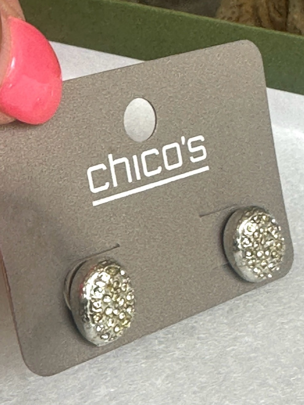 Chico's silver-tone pave crystal oval button earrings